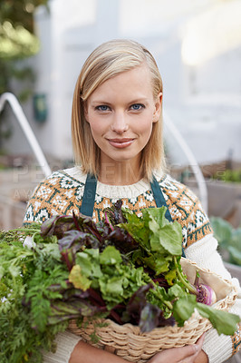 Buy stock photo Gardening, vegetables and portrait of woman with plants for landscaping, planting flowers and growth. Agriculture, nature and face of person outdoors for environment, ecology and nursery in garden