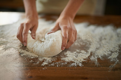 Buy stock photo Hands, dough and wheat flour on table at bakery, bread or pizza with meal prep, catering and cooking. Culinary, chef or baker person with pastry preparation, ingredients and food for nutrition