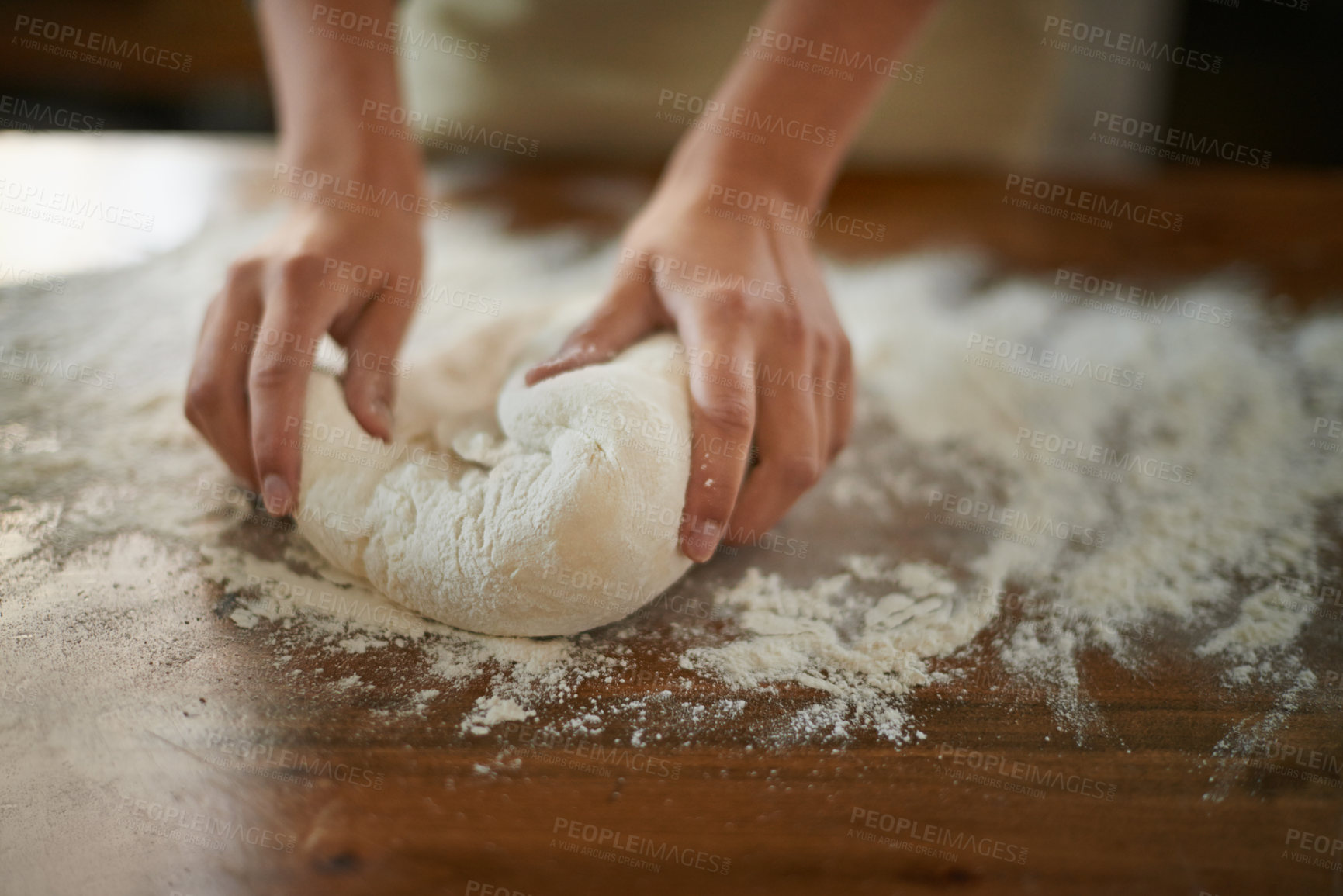 Buy stock photo Hands, dough and wheat flour on table at bakery, bread or pizza with meal prep, catering and cooking. Culinary, chef or baker person with pastry preparation, ingredients and food for nutrition