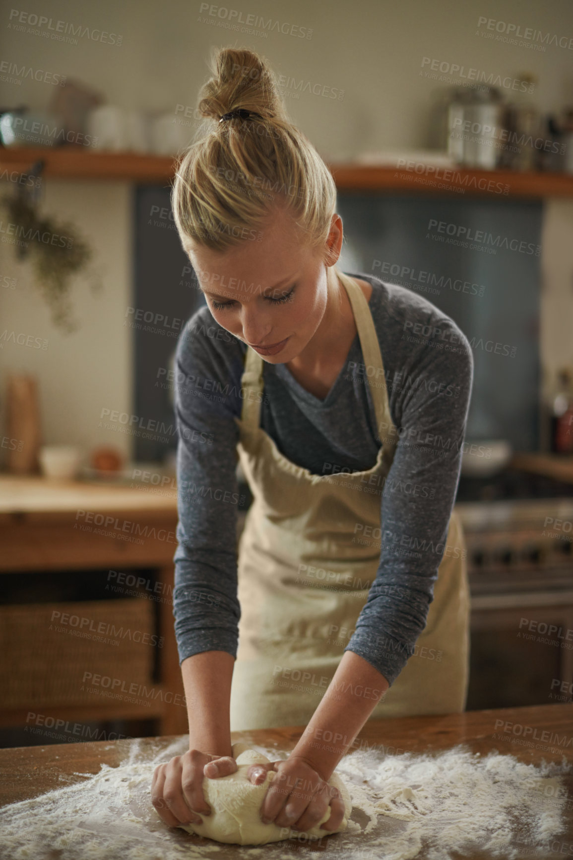 Buy stock photo Woman, baking and calm in a kitchen with flour and dough for bread in a home. Food, cookies and cooking a dessert in a house with wheat powder, nutrition and lunch recipe on a table with a baker