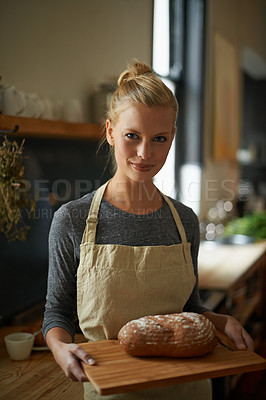 Buy stock photo Bakery, kitchen and portrait of woman with bread on wood board and cooking gluten free food for breakfast. Fresh, loaf and chef in restaurant with healthy rye in preparation process of brunch