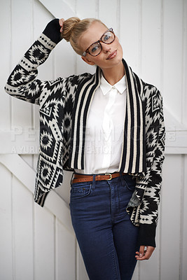 Buy stock photo Portrait, woman and fashion with casual style and hair in a bun. Female person with a smile and trendy clothes while happy and confident for creative career with glasses as a young professional