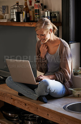 Buy stock photo Laptop, remote work and happy woman in a house for research, planning or web communication. Freelance, smile and female person with startup business idea, search or social media check for inspiration