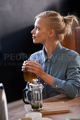 Buy stock photo Woman, thinking and home with tea jug in kitchen for vision, idea and plunger for healthy and warm beverage. House, morning and fresh to taste, drink and relax for detox, enjoy and productive day. 