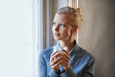Buy stock photo Smile, thinking and woman with coffee in a house for peaceful, reflection or moment at home. Remember, face and female person with happy memory, tea or enjoying me time or weekend at apartment window