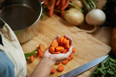 Buy stock photo Vegetables, hands and person with carrot and wooden board for cooking lunch and nutrition diet at home. Wellness, health and organic food with meal, vegetarian and ingredients for salad in a kitchen