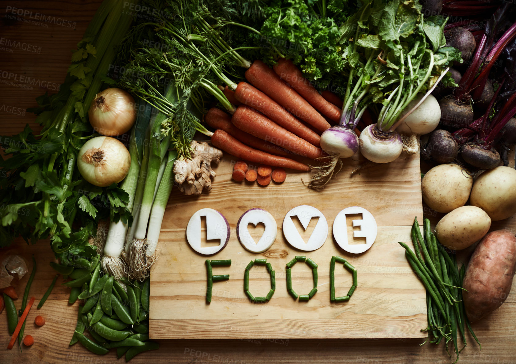 Buy stock photo Vegetables, empty and cutting board for food background, cooking and preperation of ingredients or recipe on table. Culinary, organic and green groceries for vegan with love, health or wellness above