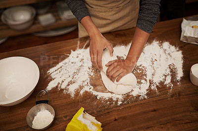 Buy stock photo Hands, dough and flour on table in kitchen, bakery for bread or pizza with meal, catering and cooking. Culinary, chef or baker person with pastry preparation, ingredients and food for nutrition