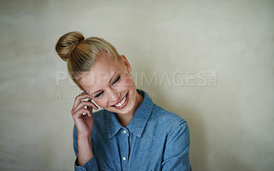 Buy stock photo British woman, smile and studio with denim, style and fashion for hipster apparel. Female person, thinking and idea by background, shirt and casual look for cute and trendy aesthetic in thought