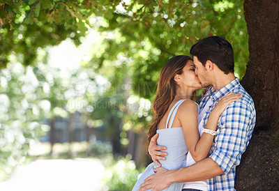 Buy stock photo A young couple kissing in the park
