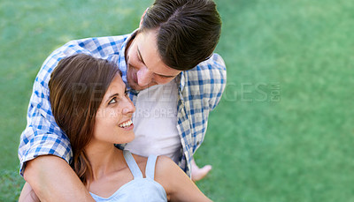 Buy stock photo Man, woman and relax embrace in park for summer holiday or partnership vacation for sunshine, date or weekend. Happy couple, hug and grass lawn for bonding together for love, relationship or peace