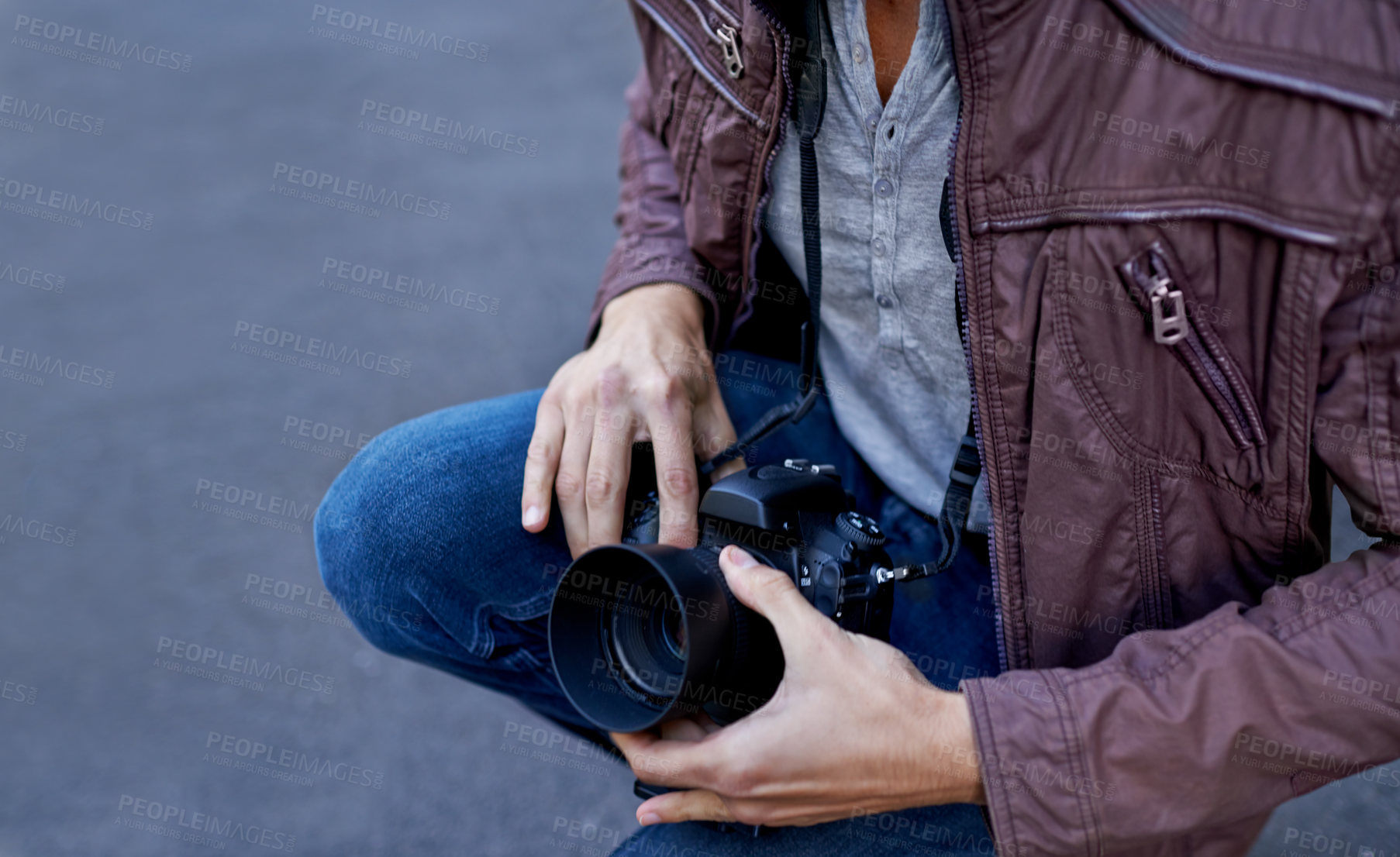 Buy stock photo Hands, man and photographer in street with camera to document, photography and portfolio in London. Creative, artist and freelancer at urban to film, shoot and capture events in city for profile. 