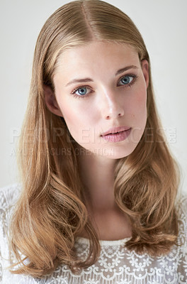 Buy stock photo Vintage beautiful, serious and portrait of woman with hair care, retro makeup and aesthetic. Young, attractive and a face headshot of a girl or fashion model isolated on a white background in studio