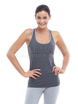 Buy stock photo Portrait, smile and woman with fitness, wellness and model isolated on a white studio background. Person, mockup space and girl with sportswear and exercise for health and confidence with training