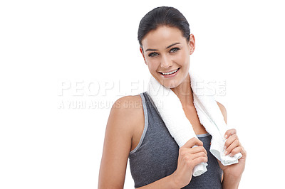 Buy stock photo Portrait, smile and woman with a towel, fitness and confident girl isolated on white studio background. Face, person and model with a cloth or happy with exercise and training for wellness or healthy