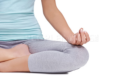 Buy stock photo Closeup, yoga and meditation with woman, lotus pose and chakra energy exercise isolated on a white studio background. Person, girl and model with fitness and zen with peace and workout for wellness