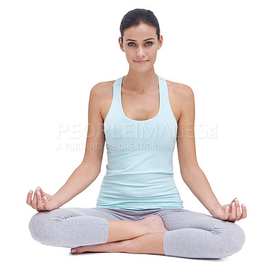 Buy stock photo Portrait, meditation and woman with yoga, lotus and exercise isolated on a white studio background. Person, mockup space and model with peace and fitness for wellness and zen with chakra and healthy