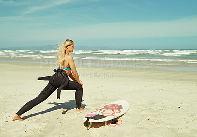 Buy stock photo Training, stretching and woman on beach with surfboard for sports, exercise or fitness in summer. Health, travel and view of water with young surfer person getting ready on sand by sea or ocean