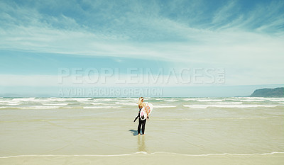 Buy stock photo Beach, sky or space and woman with surfboard outdoor in summer for travel, sports or seascape view. Water, training and sand with surfer person by sea or ocean for fitness or exercise from back