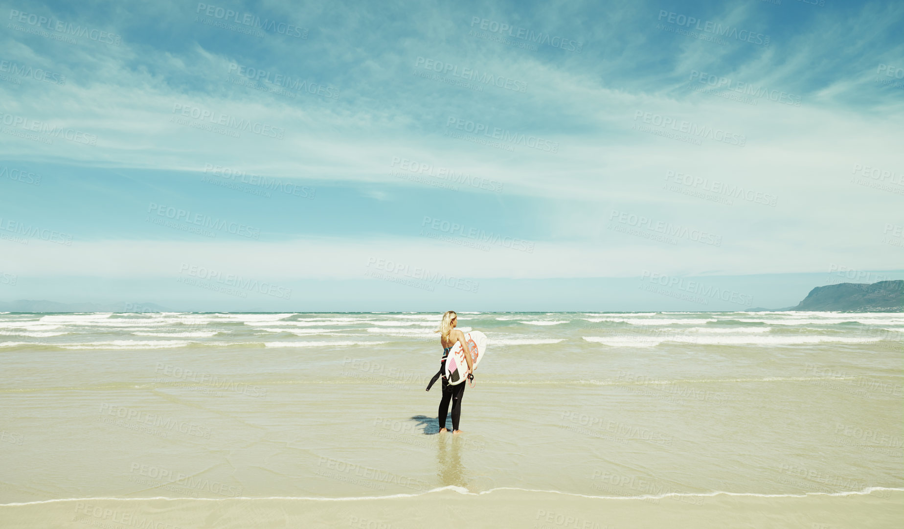 Buy stock photo Beach, sky or space and woman with surfboard outdoor in summer for travel, sports or seascape view. Water, training and sand with surfer person by sea or ocean for fitness or exercise from back