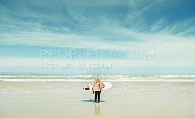 Buy stock photo Beach, travel and woman with surfboard on blue sky with sea or ocean for sports, fitness and hobby. Earth, nature and sand with surfer looking at view of horizon on holiday and vacation from back