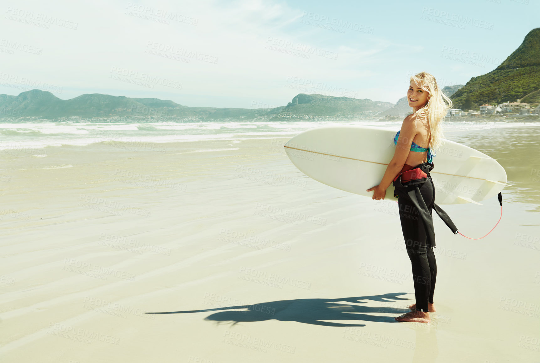 Buy stock photo Portrait, smile and woman with surfboard at beach on space for sports, travel or hobby in summer. Fitness, surfing and vacation with happy young person on tropical coast for holiday or island getaway