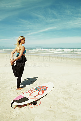 Buy stock photo Beach, stretching and woman on blue sky with surfboard with sports, fitness or exercise in summer. Nature, water and sand with young surfer person on tropical shore for warm up or preparation