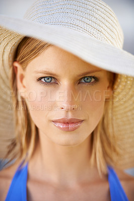 Buy stock photo Woman, portrait and confidence with hat in summer for holiday, vacation and adventure with swimwear. Person, face and attitude for relax, swimming and fun in nature on weekend for travel break