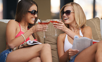 Buy stock photo Friends, women and cheers with alcohol at hotel, bonding and drinking wine on tropical vacation. People, celebration and happy for information on summer holiday, weekend trip and travel to resort