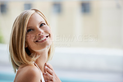 Buy stock photo Smile, thinking and woman at swimming pool with wellness, sunshine and travel for summer holiday at hotel. Relax, water and face of happy girl on luxury vacation with adventure, weekend and resort