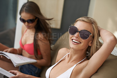 Buy stock photo Portrait, smile and woman in shades on vacation for travel, luxury resort or holiday destination with friend. Face, fashion and sunglasses with happy young person outdoor at hotel for accommodation