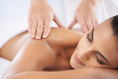 Buy stock photo Skincare, massage and woman with luxury, spa treatment and stress relief on a weekend break. Female client, girl and model with wellness, masseuse and peace with holistic grooming, self care and zen