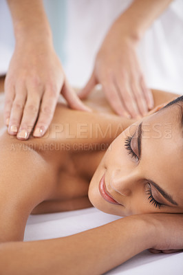 Buy stock photo Luxury, spa and woman with a smile, massage and holistic treatment with self care, grooming and joyful. Female person, lady and client with stress relief, skincare and body care on vacation and break