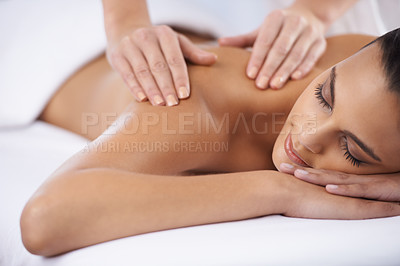 Buy stock photo Relax, spa and woman with wellness, massage and luxury treatment with stress relief, smile and joy. Client, female person and lady with hands, employee and skincare with grooming, zen and self care