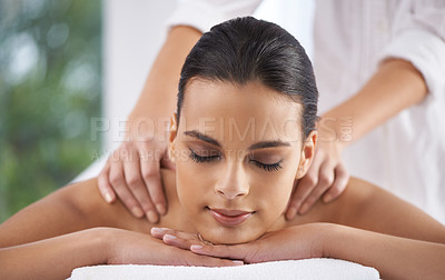 Buy stock photo Spa, massage and wellness of a woman, luxury and weekend break with health therapy for zen treatment. Massage therapist hands for body care, relaxing and skin session of a customer feeling calm