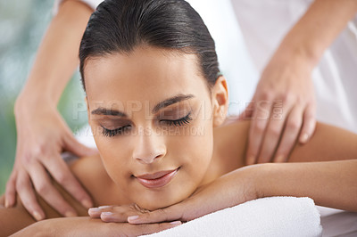 Buy stock photo Spa, massage and wellness of a woman, calm and weekend break with health therapy for zen treatment. Person, body care and relaxing with stress relief or luxury with peace and skin session with client