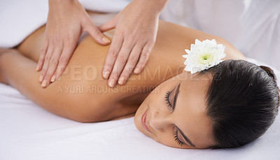 Buy stock photo Woman, back massage and beauty treatment at spa, wellness and muscle therapy for body care. Female person, masseuse and health by dermatology, calm and resting at resort hotel and peace or zen
