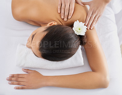 Buy stock photo Woman, back massage and spa treatment for relaxing, wellness and physical therapy for body care. Top view, hands and nudity of female person on bed, beauty and resting for skincare and peace or zen