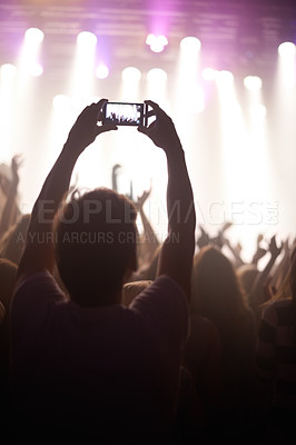 Buy stock photo Streaming, concert and hands of audience with phone for pictures, celebration and enjoying stage, music or event. Party, people and performance with excited fans showing support, passion or recording