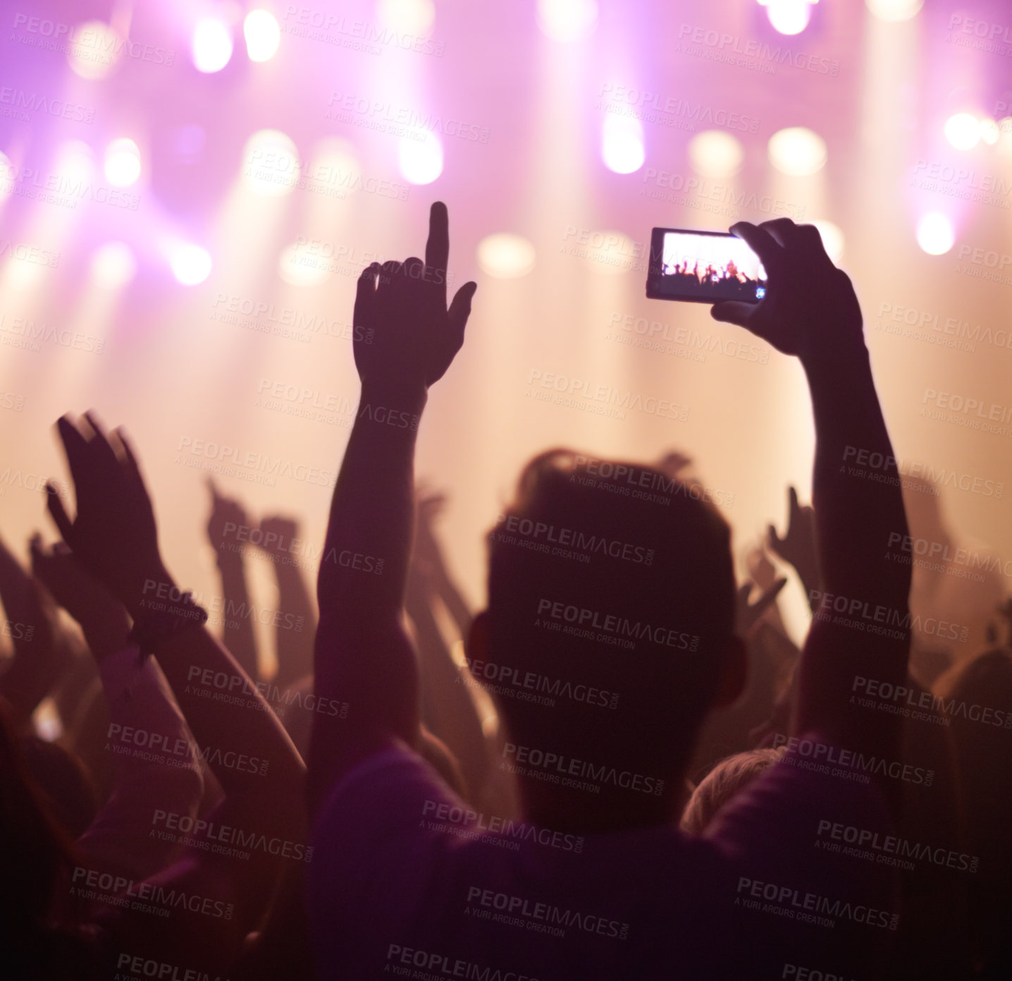 Buy stock photo Fan, phone filming and band on stage with excited audience, lighting colors and music performance on video. Smartphone screen, photography and festival crowd at night and concert, event or party