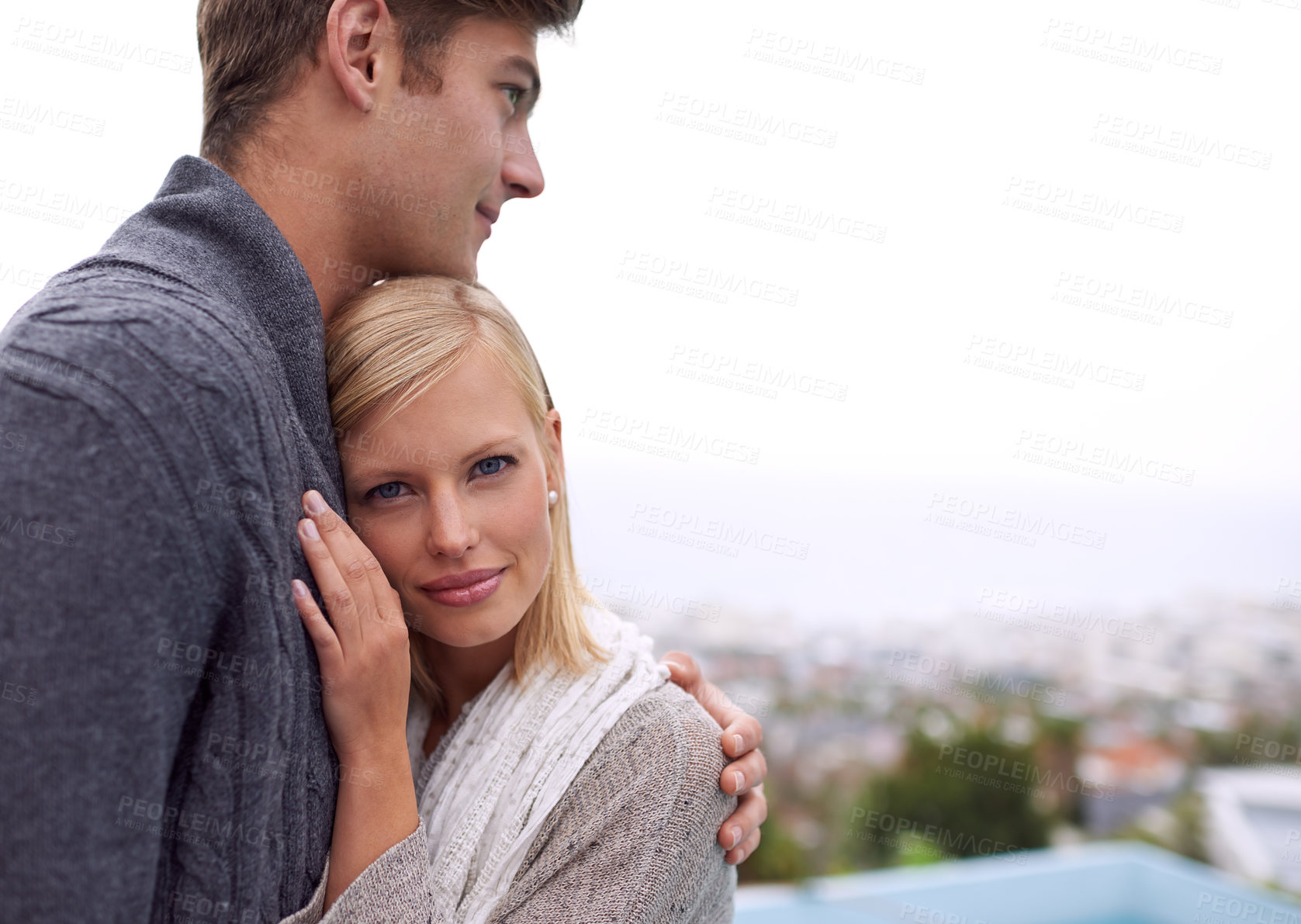 Buy stock photo Man, woman and embrace with portrait by skyline, city or mockup space for care, bonding and love. Couple, people and hug with connection in suburban neighborhood with view of buildings in Los Angeles