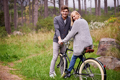 Buy stock photo Couple, portrait and forest with retro bicycle on holiday, adventure and date with sustainable transport. Man, woman and vintage bike with smile for holiday with journey in woods, path or environment