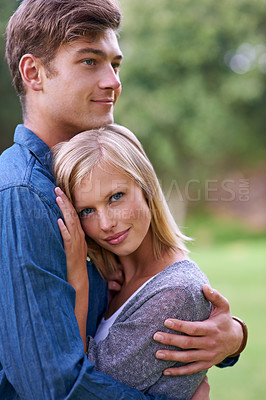 Buy stock photo Man, woman and hug with portrait in garden, park and happy for care, bonding and love in spring. Couple, people and embrace with connection in by grass lawn with smile for relationship in Los Angeles