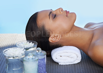 Buy stock photo Sleeping, pool or face of woman in resort for wellness, cosmetics or hospitality to relax in hotel. Calm peace, scented candles or zen person in spa on holiday vacation for beauty, skincare or health
