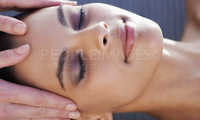 Buy stock photo Sleeping, head massage or hands with woman in hotel for wellness, treatment or hospitality in spa. Peace, smile or salon with calm person, client or masseuse on holiday vacation for beauty therapy