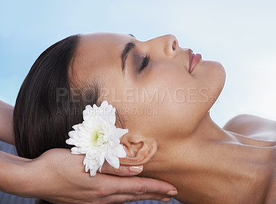 Buy stock photo Sleeping, head massage or hands with woman or flower in spa for wellness, treatment or hospitality. Peace, relax or client with masseuse in hotel on holiday vacation for beauty therapy in a resort