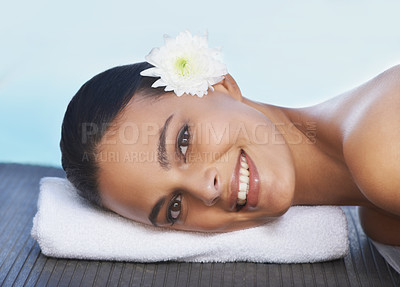 Buy stock photo Portrait, pool or face of happy woman in spa for wellness, cosmetics or hospitality to relax in hotel. Calm peace, smile or female person in resort on holiday vacation for beauty, skincare or health