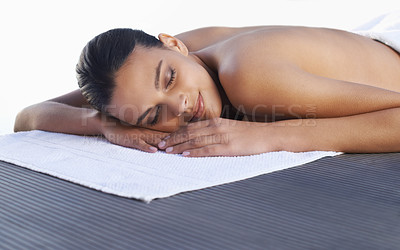 Buy stock photo Spa, sleeping or face of woman ready for luxury treatment, facial skincare or beauty for wellness. Towel, healing therapy or zen female client on bed to start massage, detox or chemical peel to relax