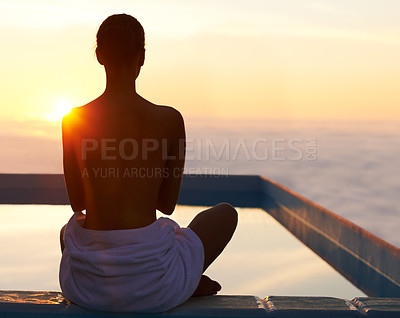 Buy stock photo Back, yoga and meditation of woman at sunset by swimming pool for healthy body, wellness and zen outdoor on mockup space. Rear view, mindfulness or person by water at twilight to relax, peace or calm