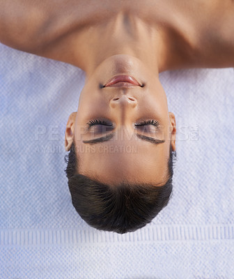 Buy stock photo Face of woman, top view or ready for luxury spa treatment, facial skincare or beauty for wellness. Towel, healing therapy or zen female client on bed to start massage, detox or chemical peel to relax